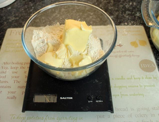 weighing ingredients for apple crumble